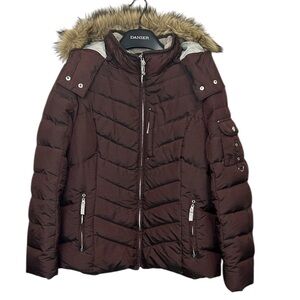 Eddie Bauer Goose Down‎ Wine Puffer Jacket Faux Fur Detach Hood Snow Skirt XL